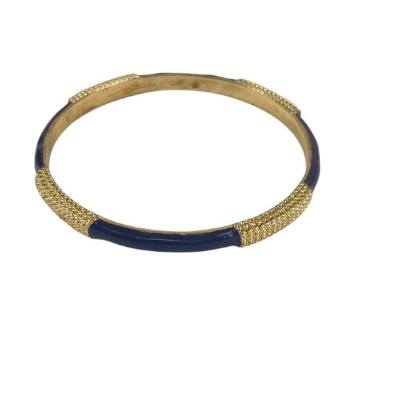 Gold-Tone & Navy Blue Enamel Bangle Bracelet Textured Detailing Classic Ethnic - Picture 5 of 7